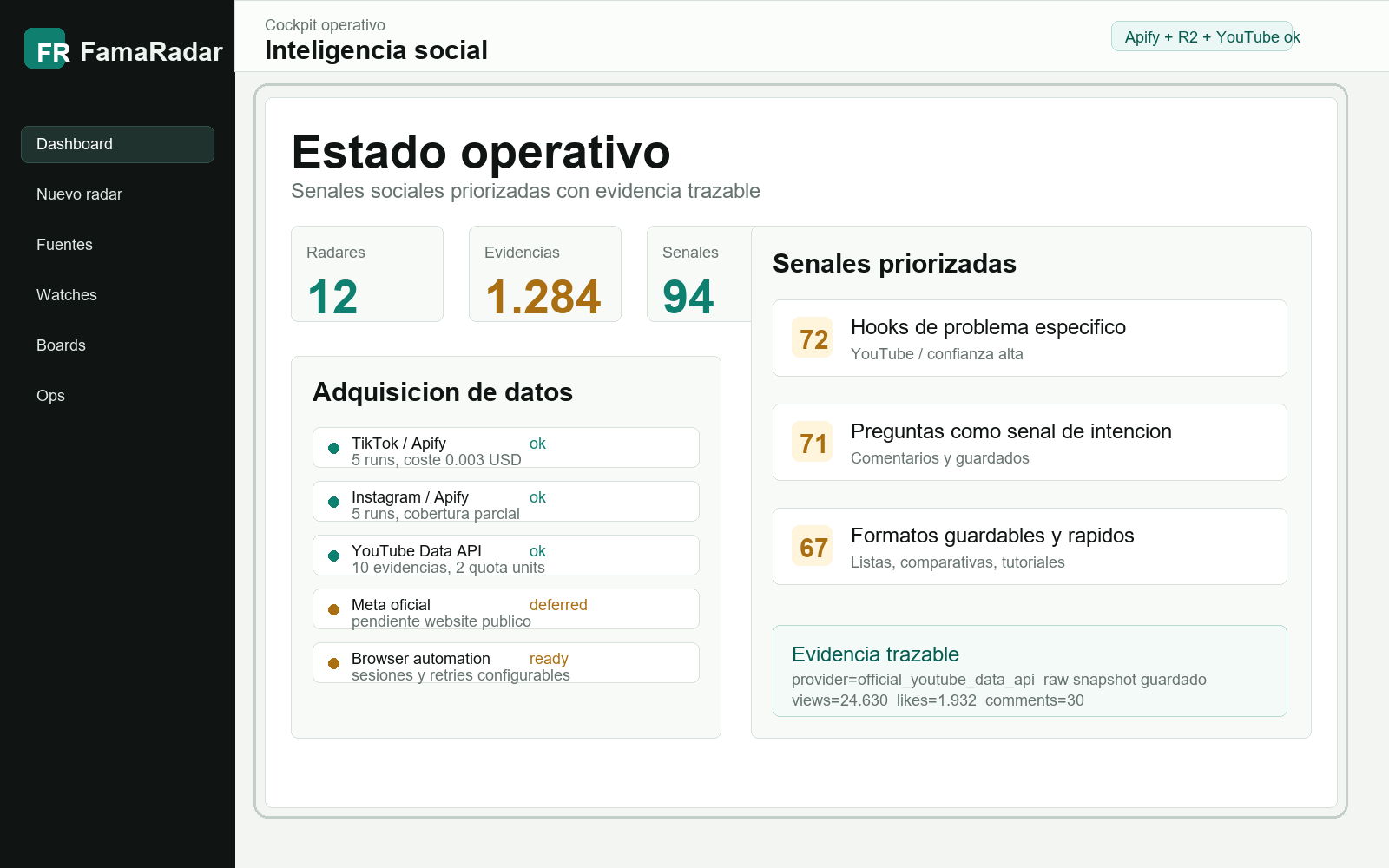 Cockpit de FamaRadar con estados de proveedor, senales priorizadas y evidencia trazable